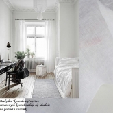 Bia�y len w sypialni w po�cieli i zas�onkach